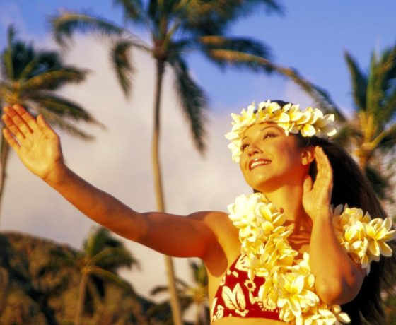 Woman-dancing-hula-palm-trees-background-plumeria-lei-and-haku-D1